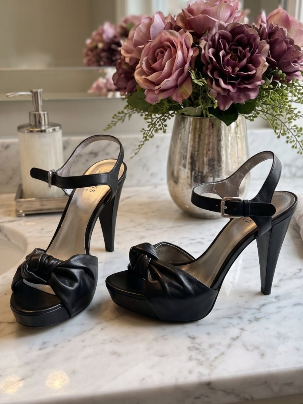 GUESS by Marciano Black Leather Bow Knot Platform Peep Toe Ankle Strap Heels